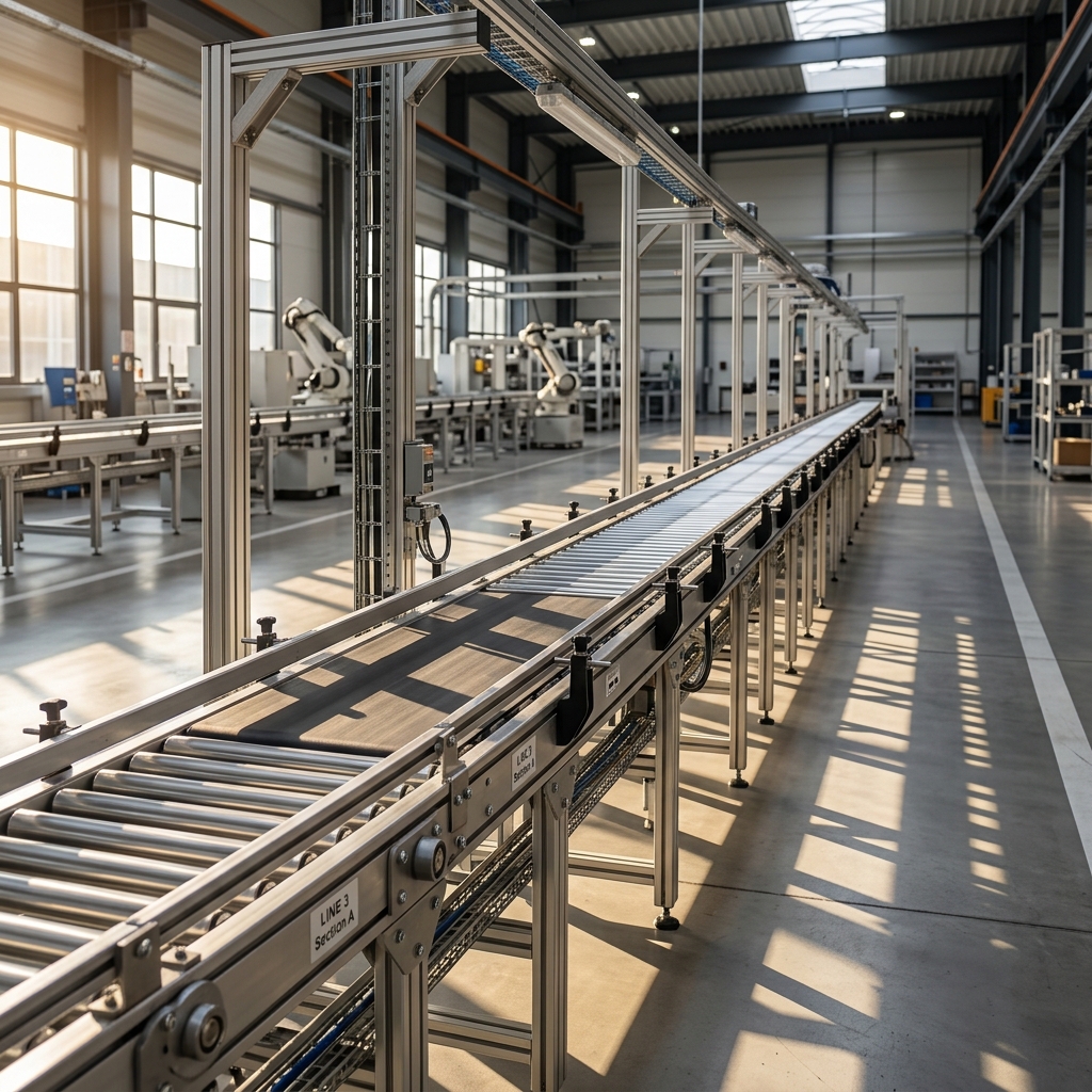 Linha de produção parada com técnico avaliando peça